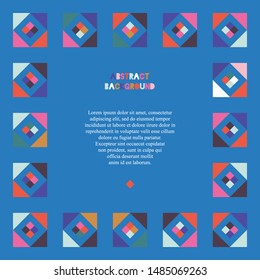 Decorative square border with abstract geometric patterns. Text in frame template. Pixel geometric border with copy space. Invitation, postcard, greeting card flat color design.