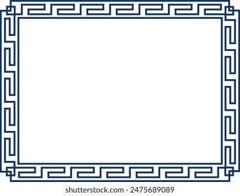 Decorative square border design featuring intricate blue geometric patterns. Classic Greek meander style, perfect framing artwork, documents, photographs. Isolated white background, clean simple