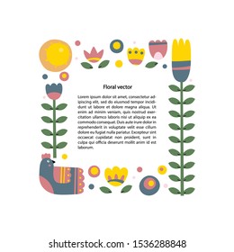 Decorative square border in folk art style. Text in frame floral template. Flowers and bird cartoon illustration with copyspace. Invitation, postcard, scrapbook, greeting card color design.