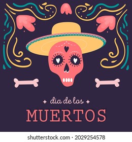 Decorative square card with Calavera Catrina skull with sombrero. Mexican national holiday Day of the dead. Festive template for Dia de los muertos decorated by bones and flowers. Vector illustration.