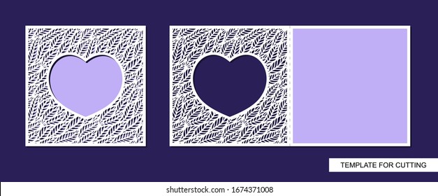 Decorative square card with a fold. Lacy botanical pattern of leaves. Cutout silhouette.  Save the date. Openwork template for laser cutting, cardboard,  paper cut, printing. Copy space. Vector image.