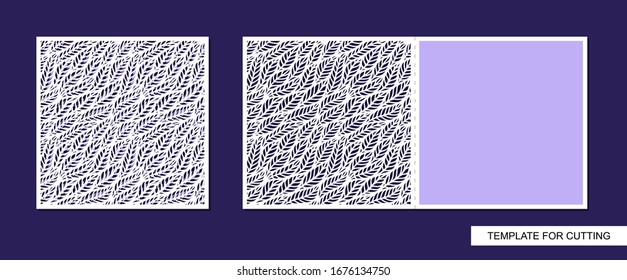 Decorative square card with a fold. Lacy botanical pattern of leaves. Cutout silhouette.  Save the date. Openwork template for laser cutting, cardboard,  paper cut, printing. Copy space. Vector image.