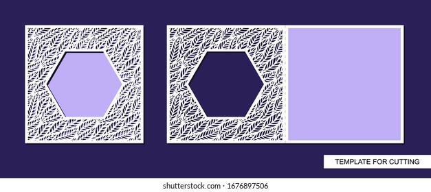 Tarjeta cuadrada decorativa con un pliegue. Patrón botánico de hojas. Silueta de corte.  Guarde la fecha. Planta de apertura para corte láser, cartón, corte de papel, impresión. Copiar espacio. Imagen vectorial.