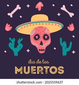 Decorative square card with sugar skull wearing sombrero. Mexican national holiday Day of the dead. Festive template for Dia de los muertos decorated by bones, flowers and cactus. Vector illustration.