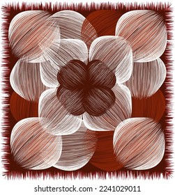 Decorative square carpet, rug, mat, tapestry, doormat, napkin, serviette with grunge striped intersecting oval elements in brown, red, white colors with rough fringe isolated on white background