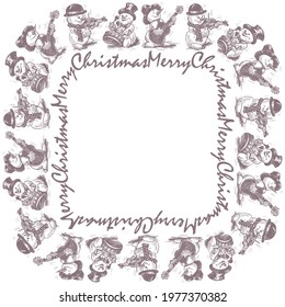 Decorative square christmas frame from sketches cheerful musicians snowmen