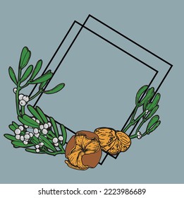Decorative square double colored frame with mistletoe and tangerine. Vector graphics for holiday invitations, scrapbooking, packaging.