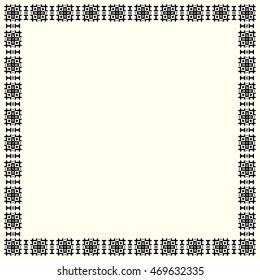 Decorative square frame with abstract geometric ornament on white background. Black ethnic border. Layout for your design with place for text. Vector illustration