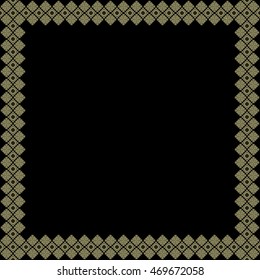 Decorative square frame with abstract geometric ornament on black background. Gold ethnic border. Layout for your design with place for text. Vector illustration
