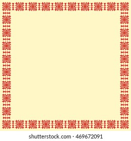 Decorative square frame with abstract geometric ornament on yellow background. Red ethnic border. Layout for your design with place for text. Vector illustration