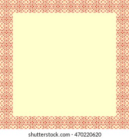 Decorative square frame with abstract geometric ornament on yellow background. Red ethnic border. Layout for your design with place for text. Vector illustration