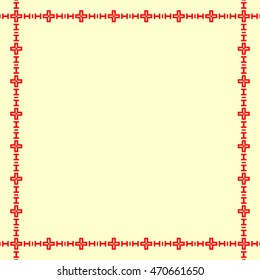 Decorative square frame with abstract geometric ornament on yellow background. Red  ethnic border. Layout for your design with place for text. Vector illustration