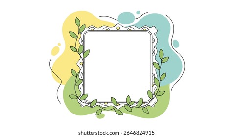 Decorative Square Frame Adorned with Greenery and Abstract Color Blobs Providing a Whimsical Border for Text or Images