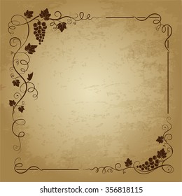 Decorative square frame with bunch of grapes, grape leaves,  swirls on grunge background. Vector image.