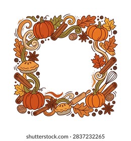 A decorative square frame featuring fall harvest elements like pumpkins pies cinnamon sticks and autumn leaves
