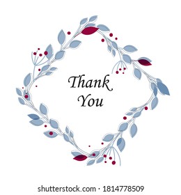 Decorative square frame, Flat style design, plant branches, leaves, berry, greeting card template, modern nordic Scandinavian style, text space background. Vector illustration 
