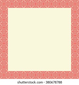 Decorative square frame with geometric ornament. Red ornamental border. Vector illustration