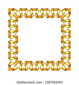 Decorative square frame of golden spiral ribbon. Template for photos, greeting cards, invitations, certificates, messages. Isolated on white background. EPS10 vector illustration.