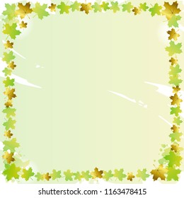 Decorative square frame of green and golden maple leaves on green background for text, letter, photo, decoration, sheet of book or notebook, cover, lettering, scrapbooking, greeting card, certificate