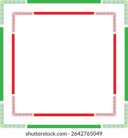 A decorative square frame with green and red borders, featuring ornate corner details and a clean, modern design.