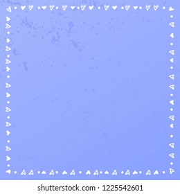 Decorative square frame of hearts and dots in white on blue gradient textured background for decoration, poster, banner, postcard, greeting card, gift tag, text, lettering, advertising