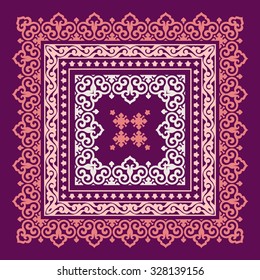 Decorative square frame with lace ornament. Oriental style. Card template. Elegant tablecloth, pillow or shawl print. Vintage vector background