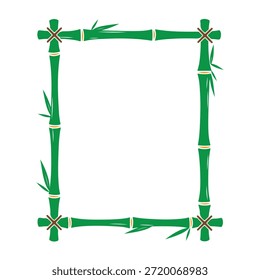 Uma moldura quadrada decorativa feita de hastes de bambu verde amarradas com faixas brancas finas e adornadas com folhas, isoladas em fundo branco, perfeito para borda de foto ou texto