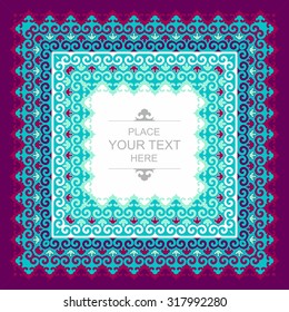 Decorative square frame in oriental style. Arabic, Asian motifs. Greeting or invitation card template. Vintage lace border. Blue and violet colors