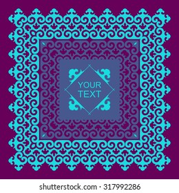 Decorative square frame in oriental style. Arabic, Asian motifs. Greeting or invitation card template. Vintage lace border. Blue and violet colors