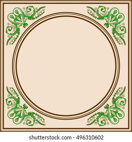 Decorative square frame ornate ornaments with stylized hearts and leaves on the corners and a round center
