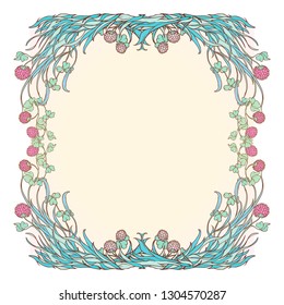 Decorative square frame with pink clover in bloom.  St Patricks Day festive design. EPS 10 vector illustration