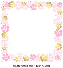 Decorative square frame of pink and golden flowers and leaves on white background for decoration, invitation or wedding, poster, valentines day, valentine, lettering or text, advertising, flower shop