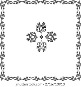 Decorative square frame with scrollwork and floral accents. Central damask cross ornament. Elegant border for certificates, invitations, and photos.