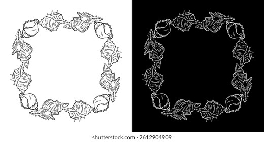 Decorative square frame with shells and corals. Sketch of illustrations. Underwater border for badge or logo in the sea.