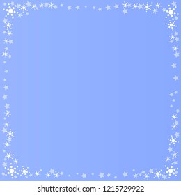 Decorative square frame of stars and snowflakes in white on blue background for decoration, poster, banner, postcard, greeting card, gift tag, text, lettering, advertising, cover of book or notebook