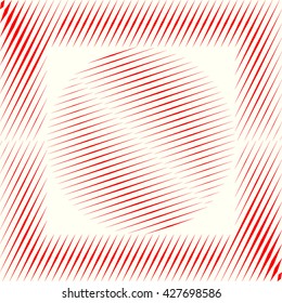 Decorative square frame with symmetric geometric ornament in the center. Red sharp lines and round spheres abstract background. 3d optical illusion effect wallpaper. Vector illustration