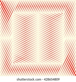 Decorative square frame with symmetric geometric ornament in the center. Red sharp lines and square shaped sphere abstract background. 3d optical illusion effect wallpaper. Vector illustration