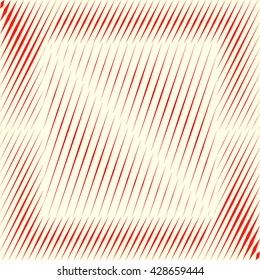 Decorative square frame with symmetric geometric ornament in the center. Red sharp lines and triangle shaped spheres abstract background. 3d optical illusion effect wallpaper. Vector illustration