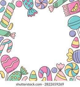 Decorative square frame of various pastel sweets. Border with heart lollipop, candy canes, wrapped candies, jelly beans, marshmallow twist and swirl candies. 