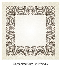 Decorative square frame with Victorian style border on seamless background. Vector illustration