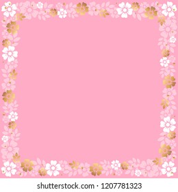 Decorative square frame of white and golden flowers and leaves on pink background for decoration, invitation or wedding, poster, valentines day, valentine, lettering or text, advertising, flower shop