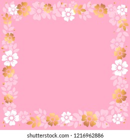 Decorative square frame of white and golden flowers and leaves on pink background for decoration, invitation or wedding, poster, valentines day, valentine, lettering or text, advertising, flower shop