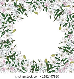 Decorative square frame of white roses and white lilies on a white background. Wedding luxury flowers. Realistic botany. Vector stock illustration.