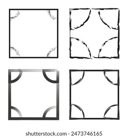Decorative square frames. Four black designs. Abstract vector elements. Modern geometric shapes.