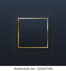 Decorative square gold frame with vintage shape vector illustration. 3d realistic shiny bright golden border design for fashion greeting card, ornate unique framework with sparkles on black background