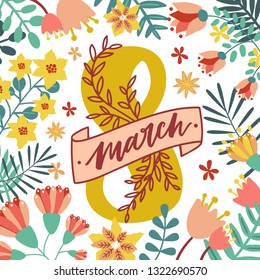 Decorative square greeting card template with motley spring blooming flowers with 8 March lettering decorated by ribbon. Flat floral vector illustration for International Women's Day celebration.
