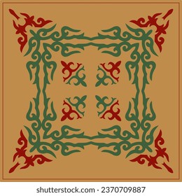 Decorativo adorno cuadrado con elementos étnicos para la decoración y el diseño. Ornamentos kirguisos, kazajos, uzbekos. Textura simétrica. Impresión para chales y alfombras, azulejos. Vector.