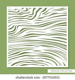 Decorative square panel with a carved pattern. Abstract striped ornament of uneven lines, waves. Wood texture. Vector template for plotter laser cutting of paper, metal engraving, wood carving, cnc.
