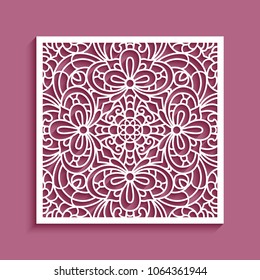 Decorative square panel with lace pattern, ornamental vector template for laser cutting or wood carving, cutout paper design element, eps10