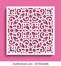 Decorative square panel with lace pattern, ornamental vector template for laser cutting or wood carving, cutout paper design element, eps10